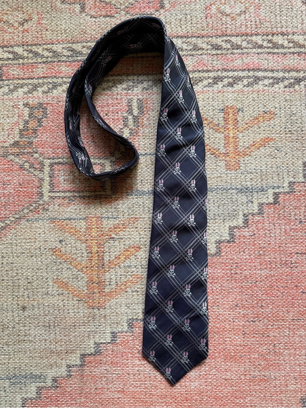 Psycho Bunny by Robert Godley 100% Silk Navy Plaid Bunny Skull Tie